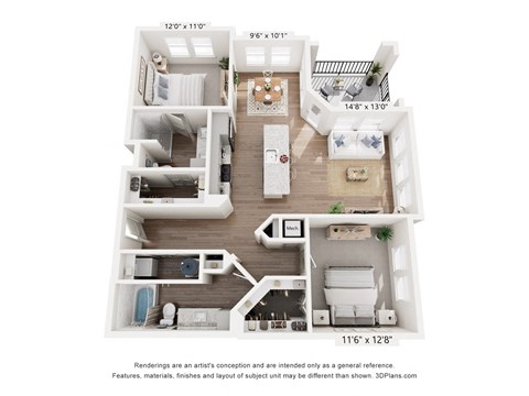 A 3D floor plan of a small apartment with a kitchen, living room, and bedroom.